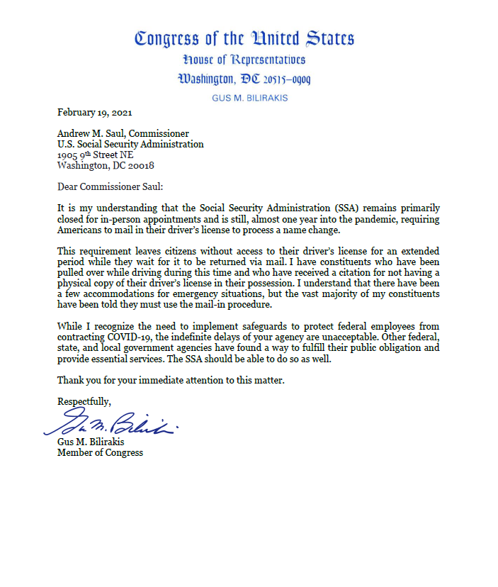 Letter to SSA Commissioner